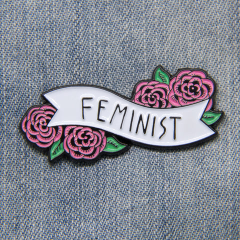 "Feminist" flower and roses banner pin.