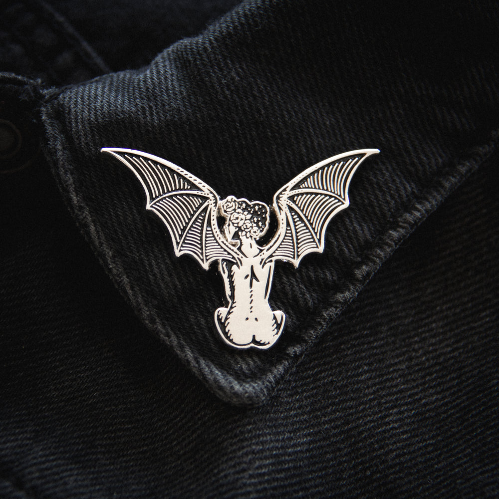 Black and Silver Winged Devil Woman Enamel Pin - Ectogasm