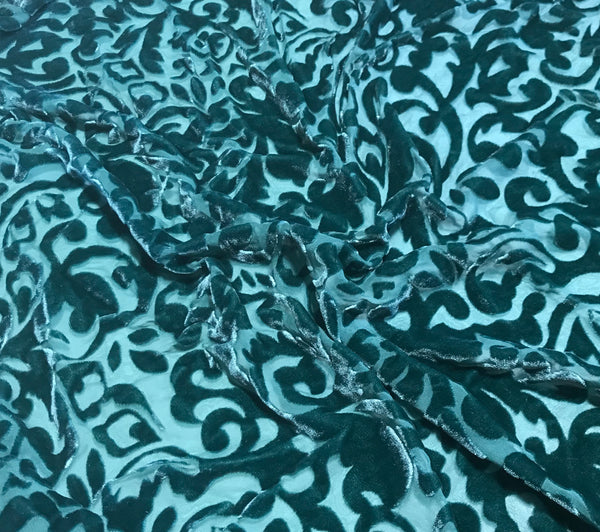 Teal Green Scroll - Hand Dyed Burnout Silk Velvet – Prism Fabrics & Crafts