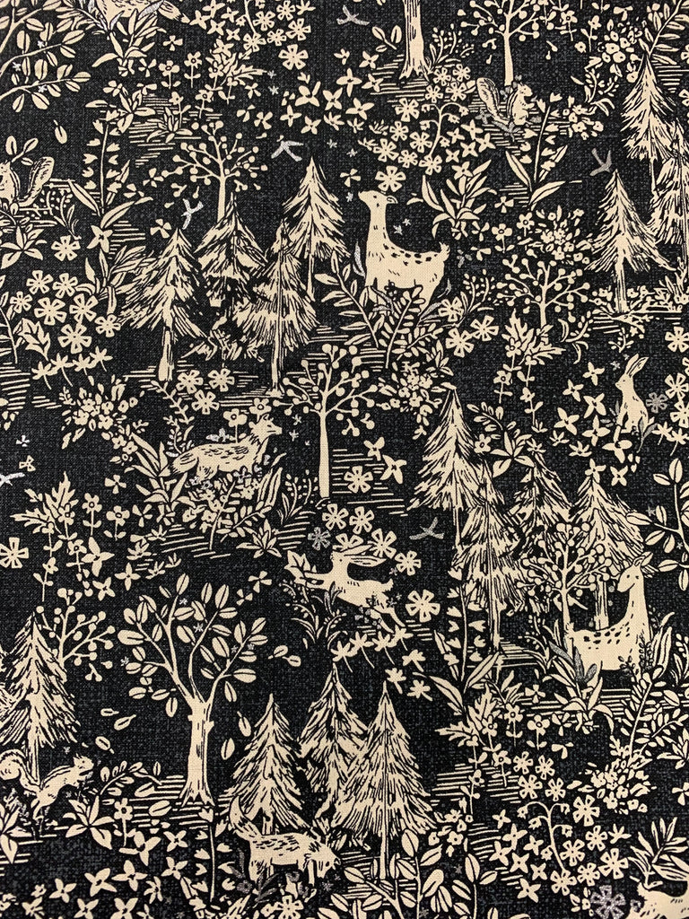 Woodland Forest Animals - Black with Metallic - Kokka Japan Cotton Sheeting Fabric