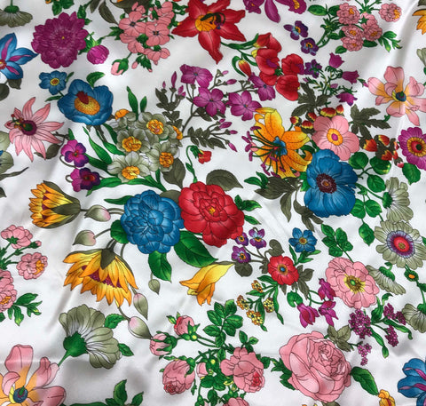 Flower Garden on White - Silk Charmeuse – Prism Fabrics & Crafts