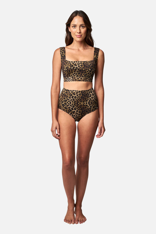 ASOS PETITE Natural Leopard Print Print High Waist Deep Plunge Swimsuit