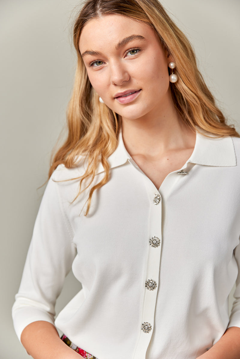 Knit Blouse with Crystal Buttons in Winter White