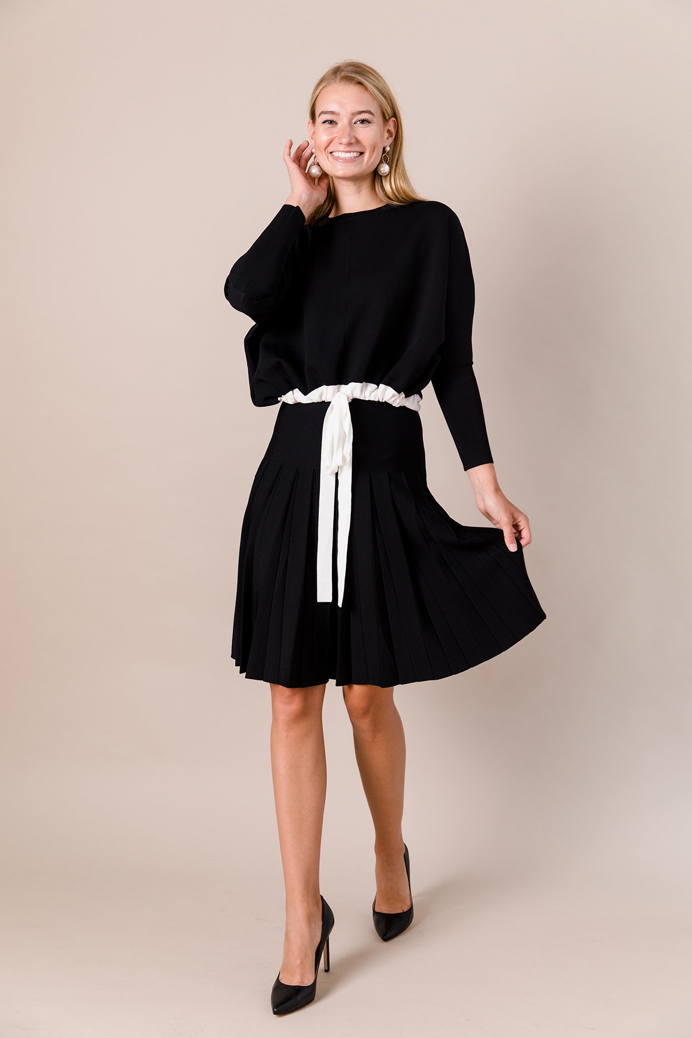 Drawstring Dolman Sleeve Sweater in Black/White Combo