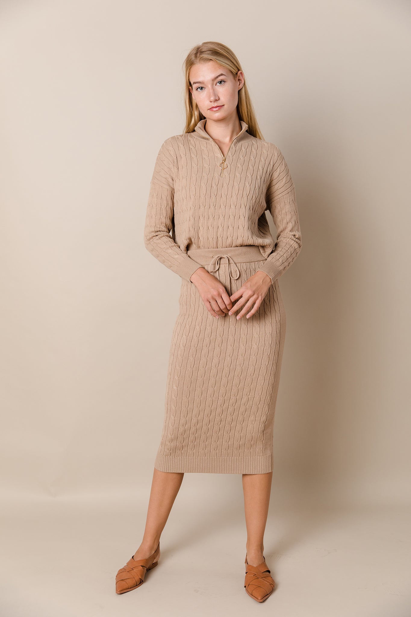 Cable Knit Sweater and Skirt Set in Latte