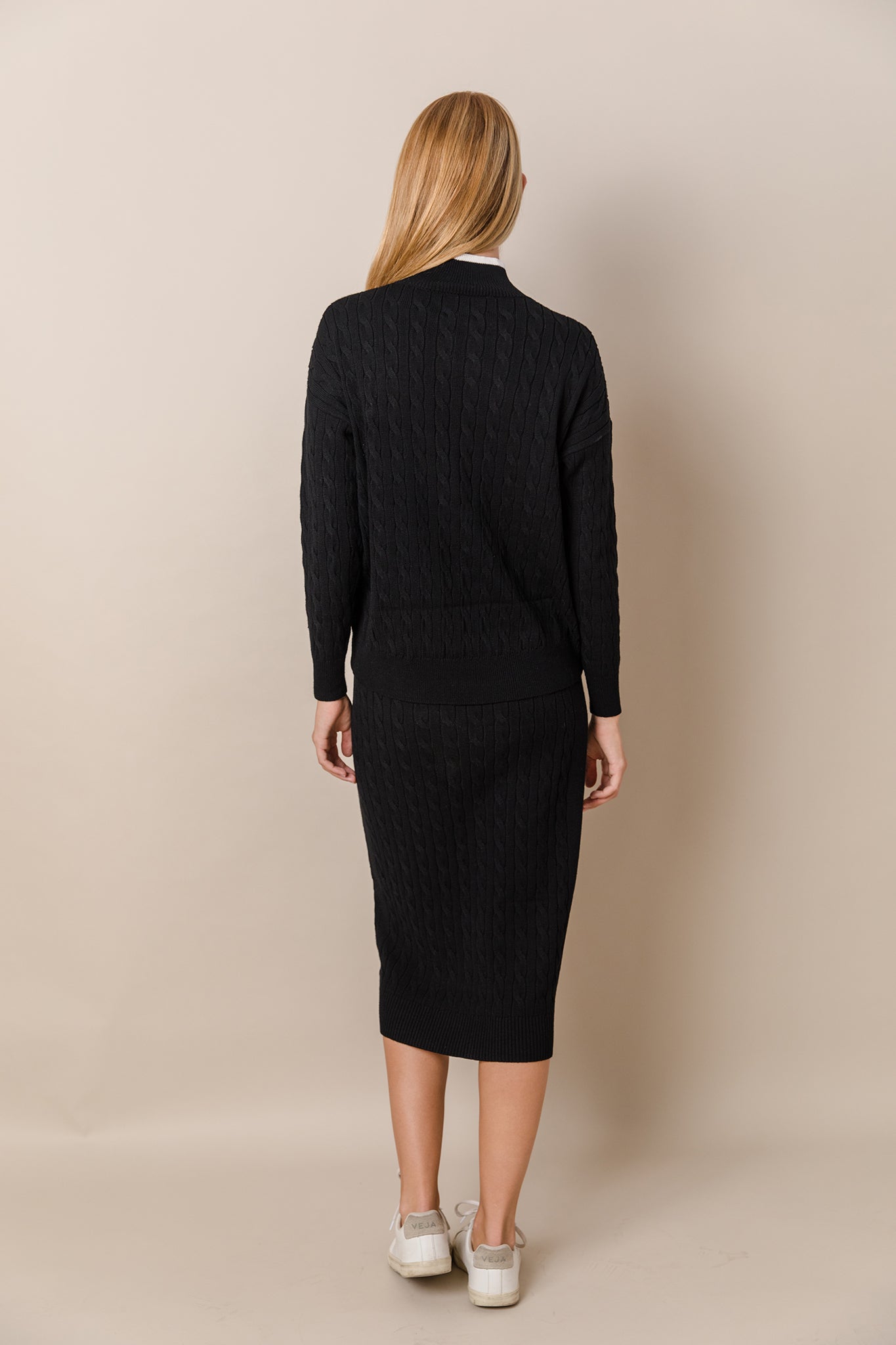 Cable Knit Sweater and Skirt Set in Black