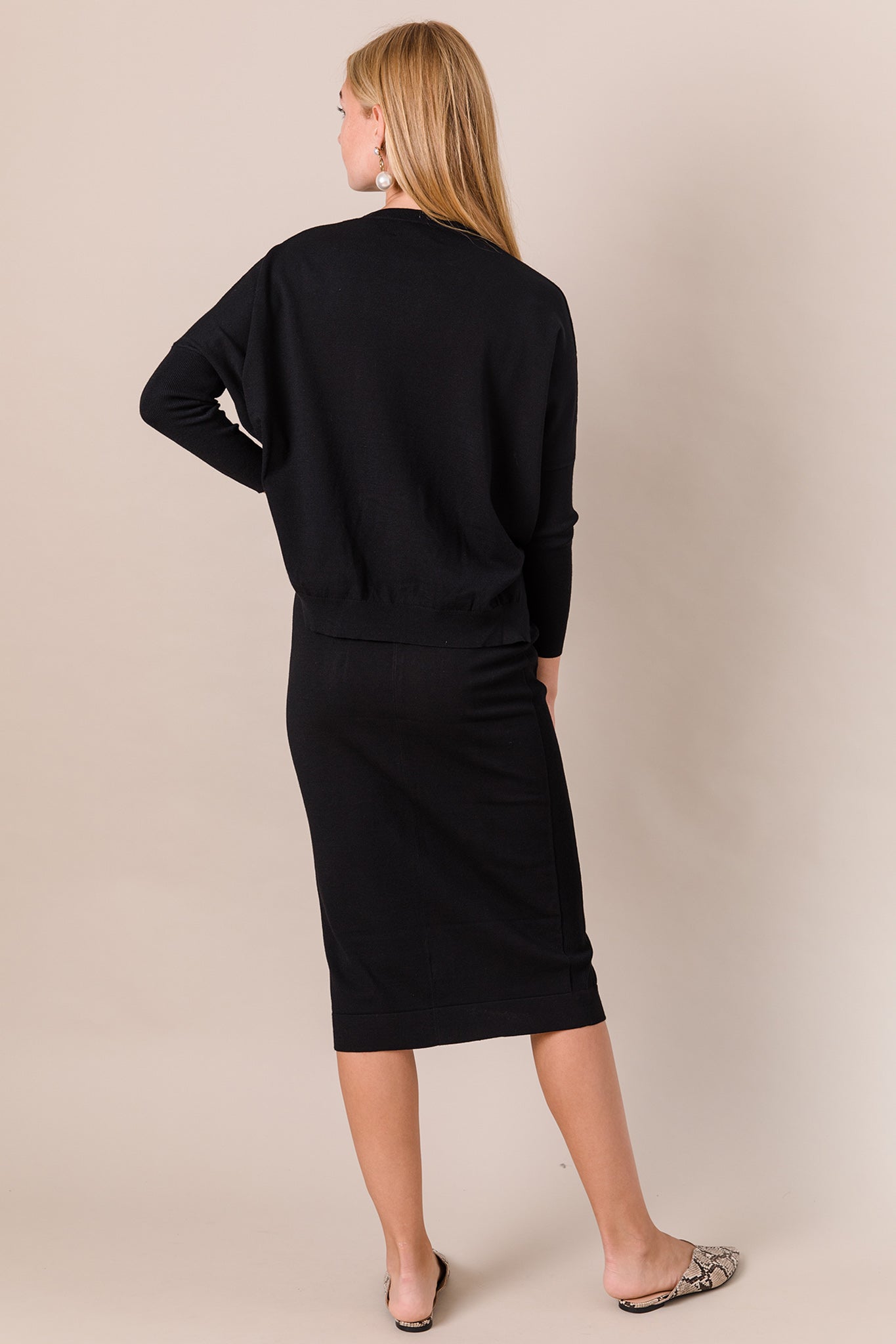 Soft Knit Dolman Top and Midi Skirt Set in Black