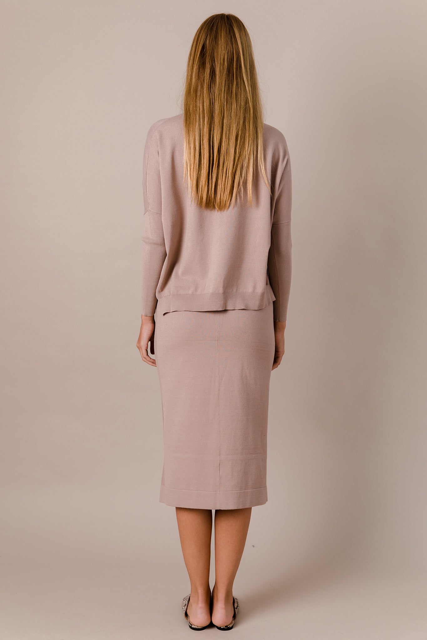 Soft Knit Dolman Top and Midi Skirt Set in Light Taupe