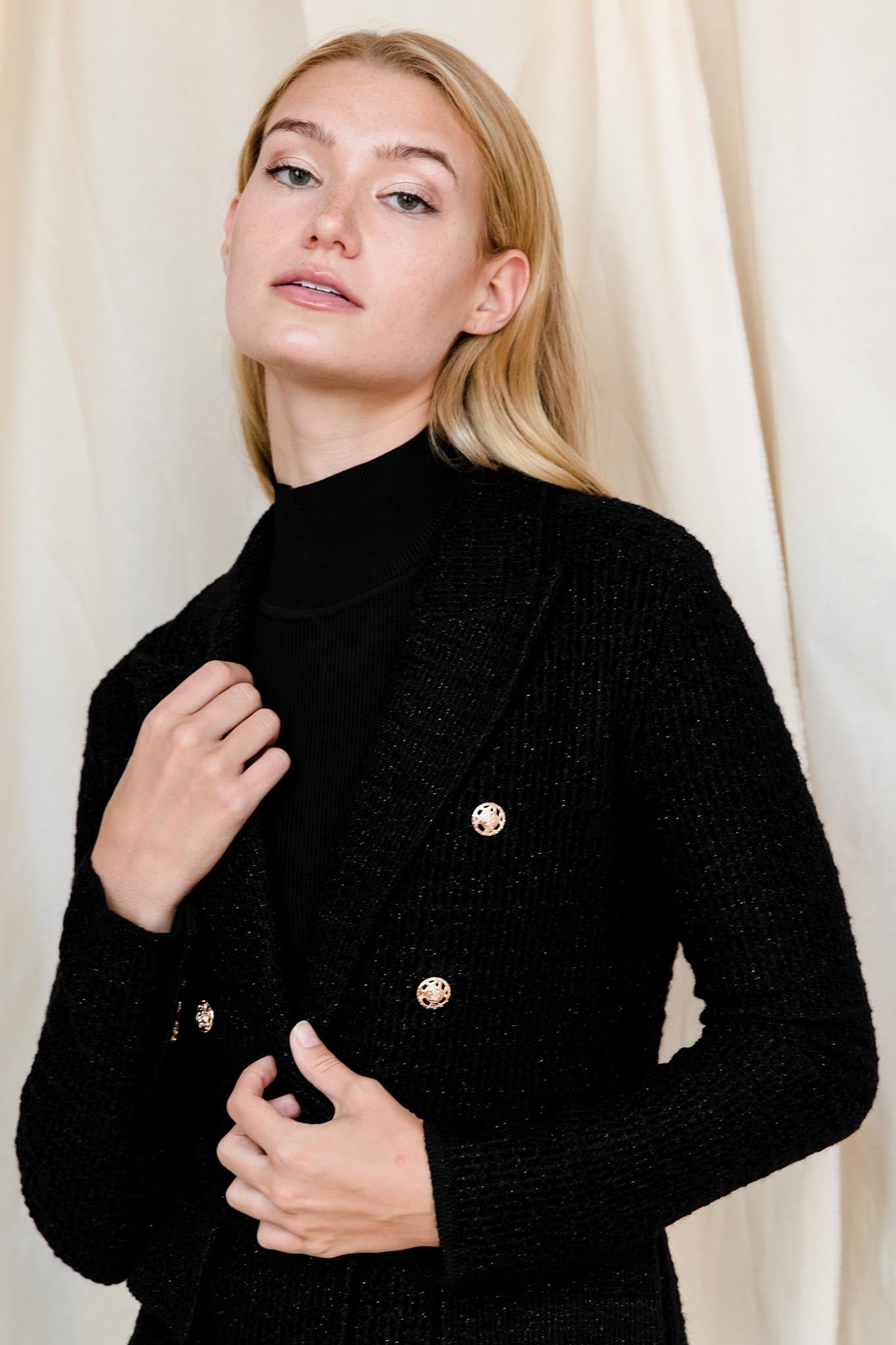 Knit Blazer with Gold Buttons in Shimmer Black