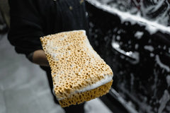 A sponge for cleaning an outdoor garden sculpture.