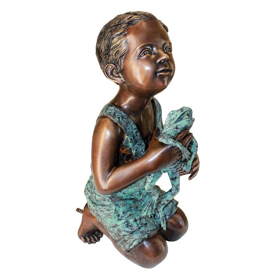 New Friend Boy with Frog Bronze Garden Statue