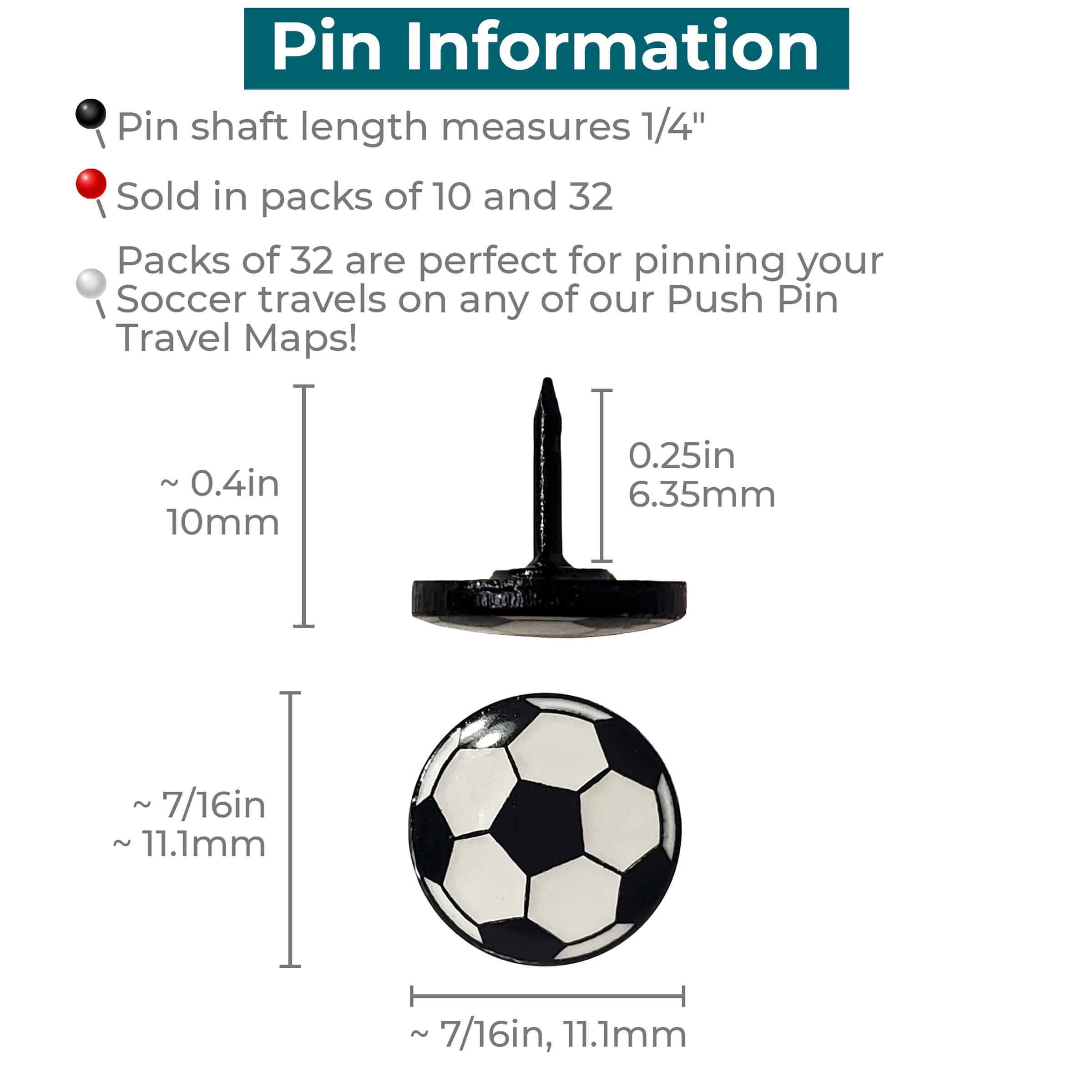 Gold or Silver Soccer Push Pins, Unique Nickel Sports Pushpin, Solid Metal  No Plastic, World Cup Soccer Map Pin 