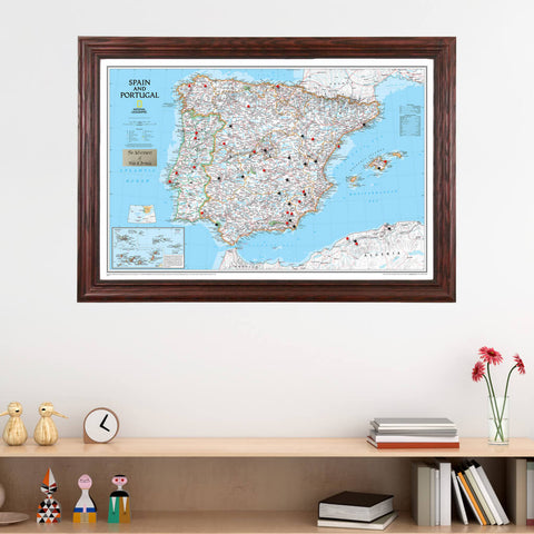 Classic Spain and Portugal Travelers Map with Pins