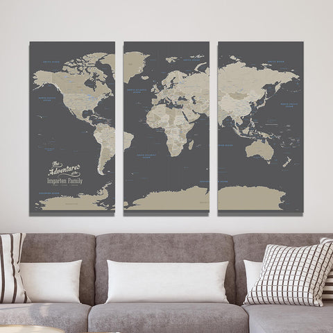 3 Panel Gallery Wrapped Earth Toned World Pin Map