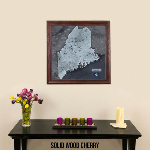Slate Maine State Push Pin Travel Map in Solid Wood Cherry Frame