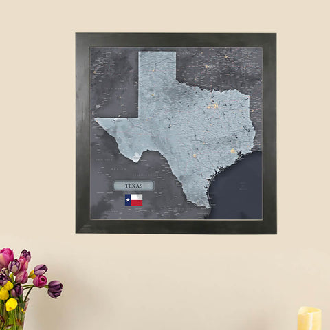 Framed Texas Wall Map with Push Pins - Slate Gray Color Scheme