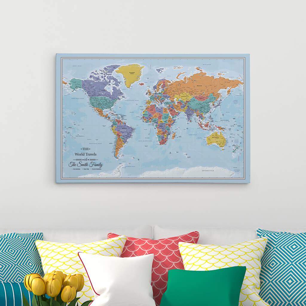 earth tone world travel map with pins