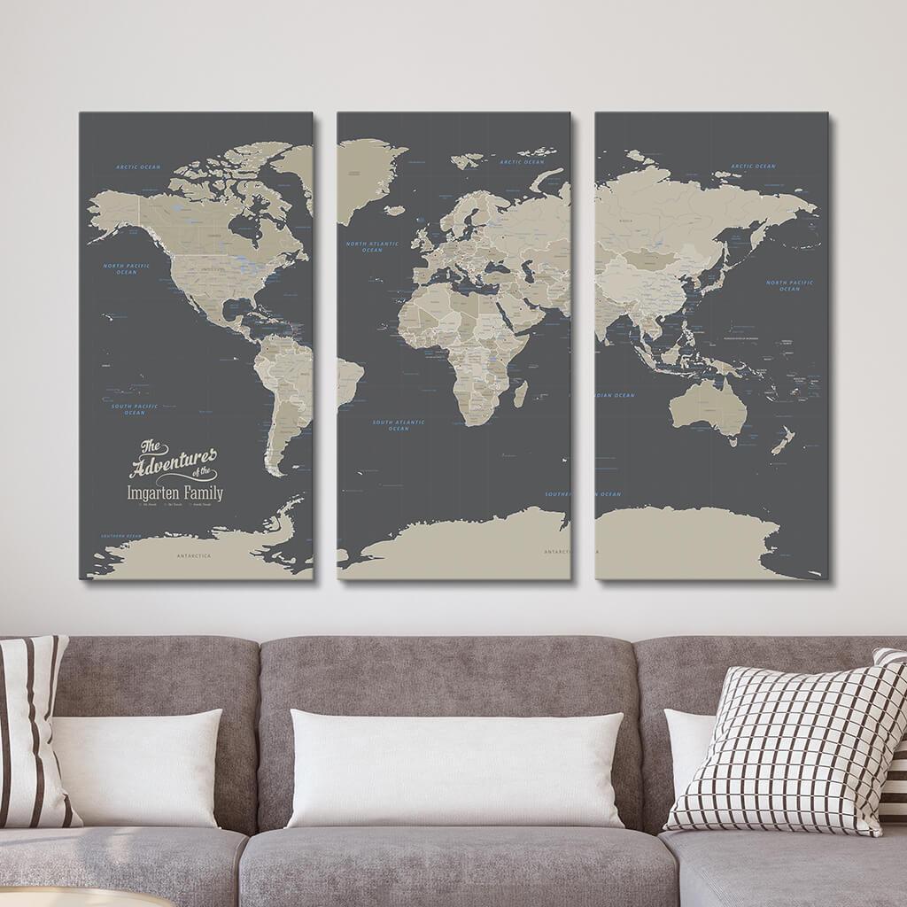 earth tone world travel map with pins