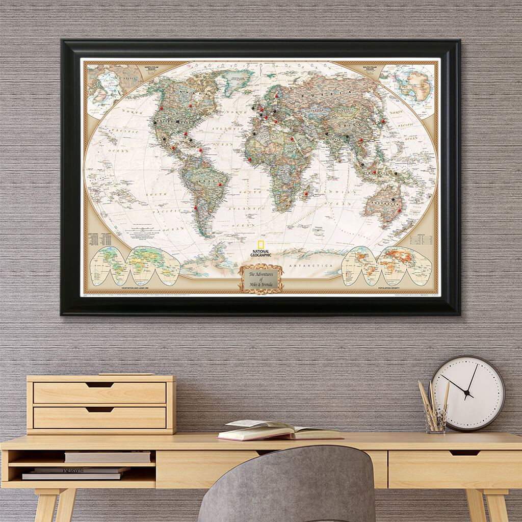 earth tone world travel map with pins