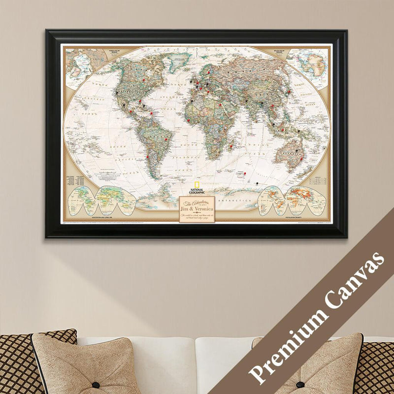 earth tone world travel map with pins