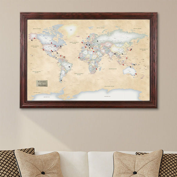 Pastel World Map with Pins | Modern World Map - Push Pin Travel Maps