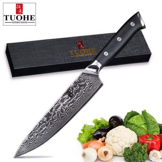 Huusk Cuchillo japonés AUS 8, cuchillo de chef japonés de acero inoxidable  de 7.7 pulgadas, hoja recubierta de titanio negro, mango ergonómico G10 con  vaina, cuchillos de cocina profesionales, cuchillo de Gyuto