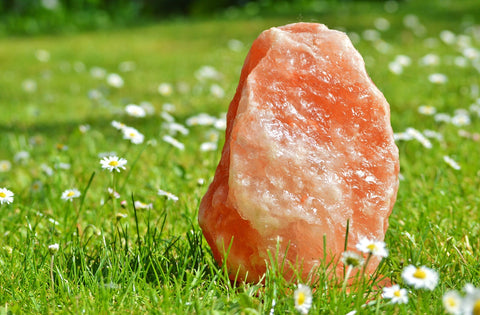 A large, pink Himalayan salt lamp sitting on a grassy field dotted with small white daisies under sunlight.