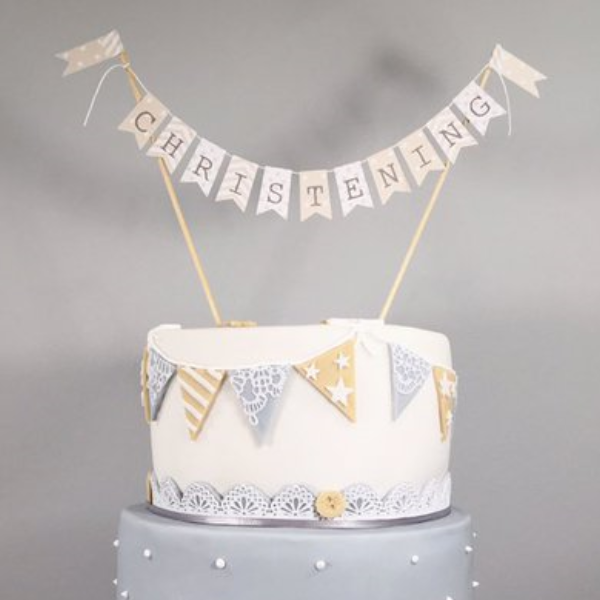 Personalised Christening Cake Bunting Sandy Beige Stars Stripes