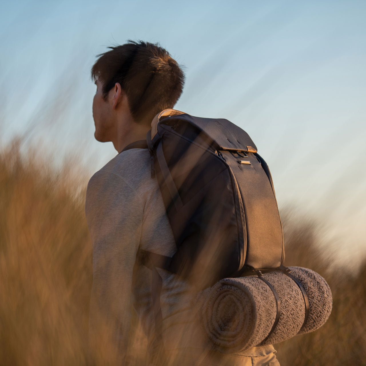 Man with Everyday Packpack in field