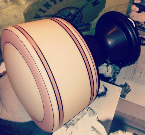 In the Works at the Vintporium for the Week of January 8th 2017 - Opal Pink Banded Ceiling Light with Provincial Bronze Fixture , lite, Lighting, Light Fixture, Vintage, Antique, Painted Bands, Schoolhouse 