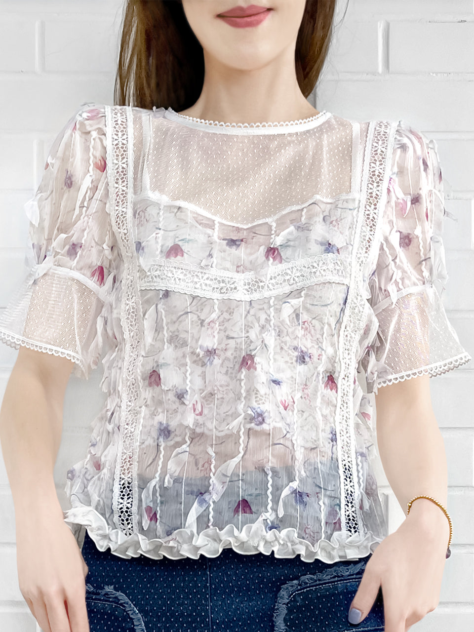 Floral Lace Ruffled Tops misty-blue Mサイズ | gulatilaw.com