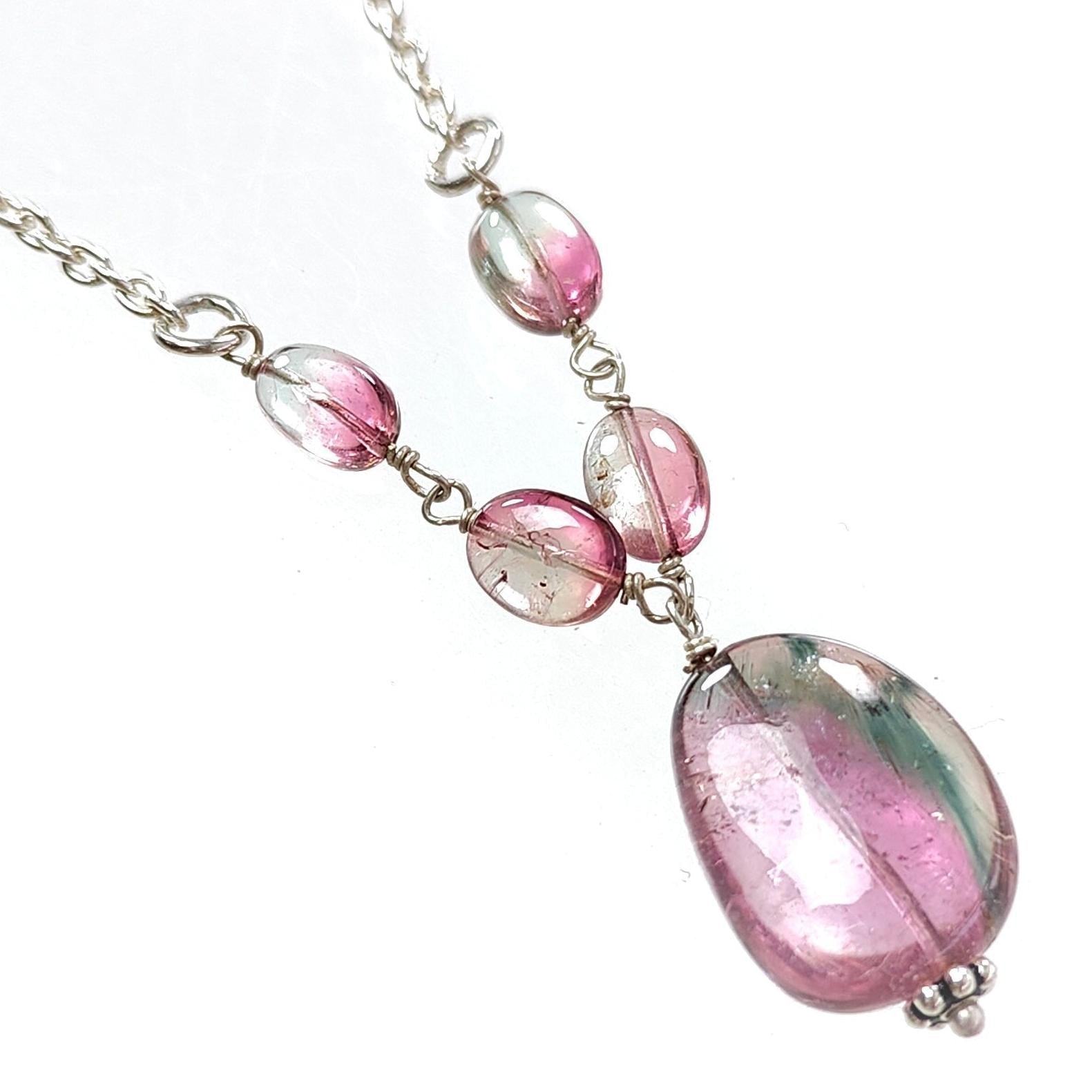 Watermelon Tourmaline Beads Chain Necklace: 34.50cts Natural Untreated Tourmaline 925 Sterling Silver Plain Oval 6*4.5mm - 16*12mm 21"