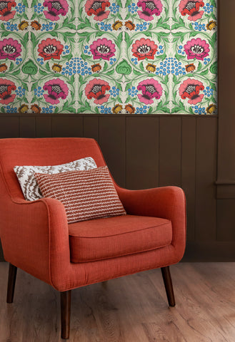 Alice Meadow wallpaper by Olenka Design with Conker Brown Eco Paint on Panelling