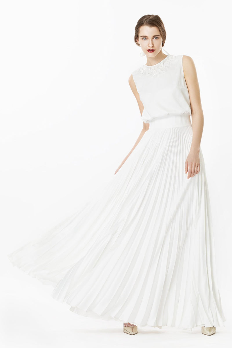 Iris Pleated Maxi Dress with Lace Appliqué