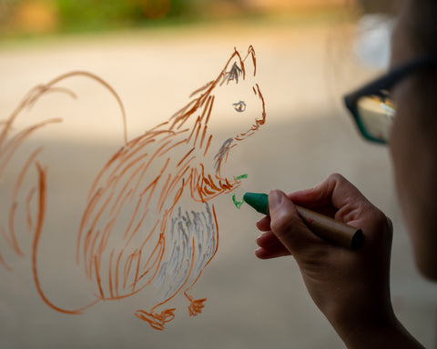 A person traces a squirrel on the window with Kitpas window crayons.