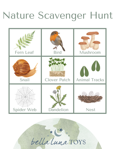 A table with 9 spaces filled with different natural elements to make a nature scavenger hunt