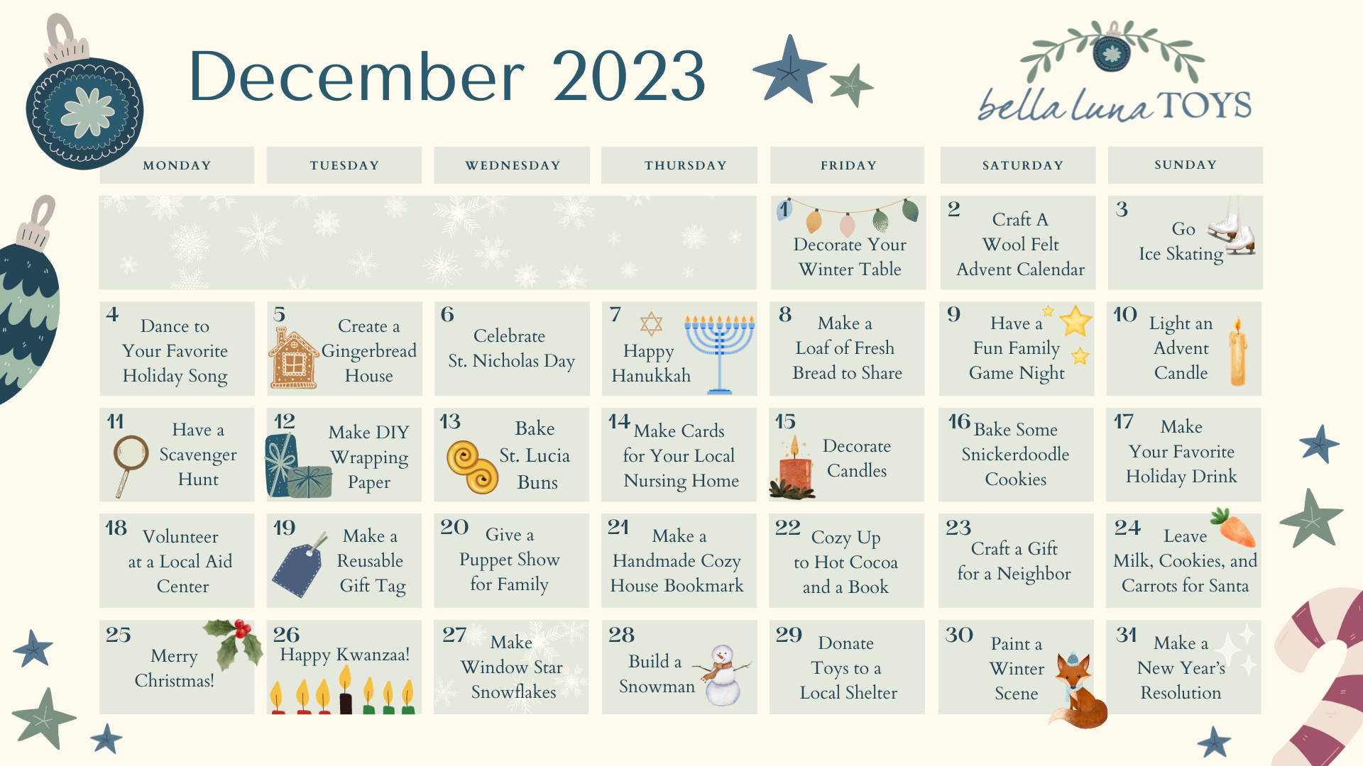 The 2023 December Bella Luna Activity Calendar.