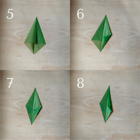 Instructions on steps 5-8 with green kite paper to make a tulip stem for a kite paper flower to hang in window
