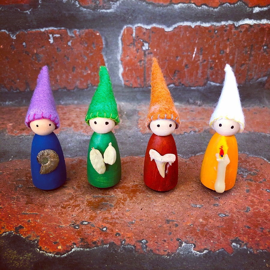 Four Peg Doll Advent Gnomes Representing the Lights of Advent