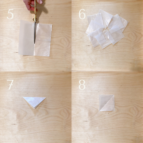 Steps five through 8 to make a daisy window decoration out of waldorf window star kite paper