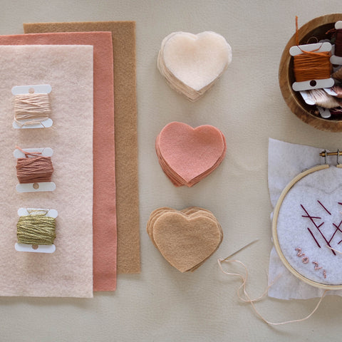 Materials for embroidered heart garland. DIY Valentine's Garland.