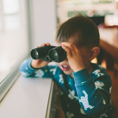 A child looking for birds with binoculars