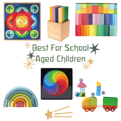 Group of Grimm's toys in a gift guide for school aged children