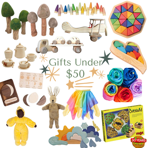 Group of gifts, waldorf toys, organic toys, wooden toys collected in a gift guide for under $50 from Bella Luna Toys
