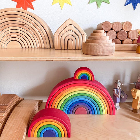 Grimm's wooden toys rainbows, bridges, nesting bowls and stacking houses