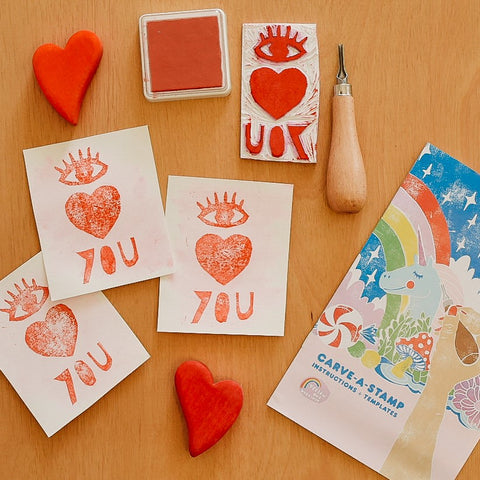 Hand carved valentines and rubber stamp kit with grimm's heart blocks