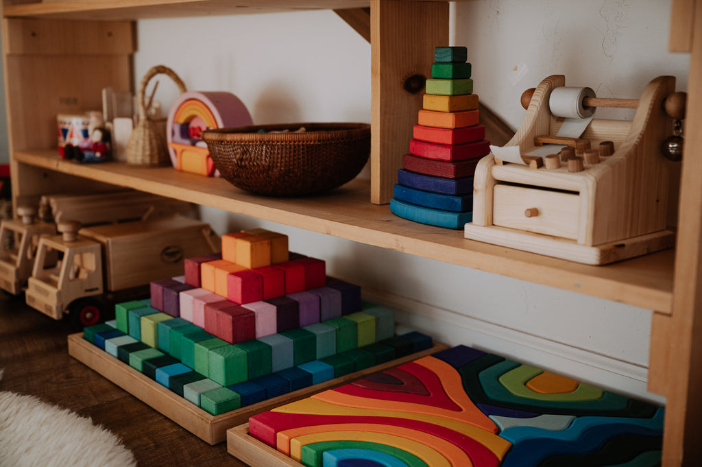 Grimm's Large Stepped Pyramid under the toy shelf