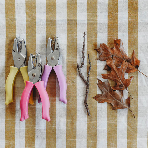 Leaves laying next to different shaped hole punches.