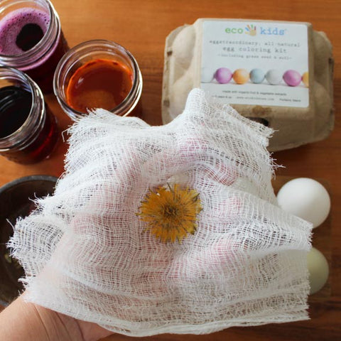 Cheesecloth with a yellow flower in center for natural egg dying. Floral printed Easter eggs