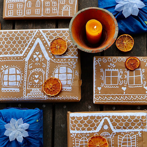 Gingerbread Wrapped Presents with Kite Paper Snowflakes | Bella Luna Toys